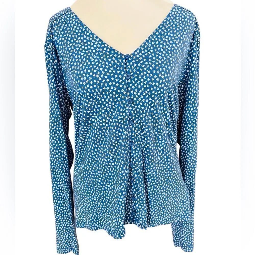 Fat Face Blue/white abstract flower Print button front v neck top size M.